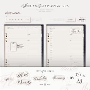 May include: Digital planner pages featuring weekly and daily layouts with a blue croc theme. Includes navigation tabs, hourly schedules, to-do lists, and customisable pill labels with text like Work, Party, Birthday, and January in a neutral colour palette.