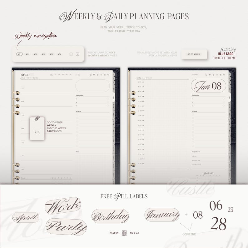 May include: Digital planner pages featuring weekly and daily layouts with a blue croc theme. Includes navigation tabs, hourly schedules, to-do lists, and customisable pill labels with text like Work, Party, Birthday, and January in a neutral colour palette.