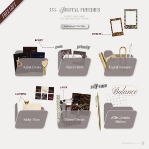 May include: A digital collection titled 333+ DIGITAL FREEBIES featuring folders labelled Digital Covers, Digital Labels, Digital Stationery, Sticky Notes, Planner Decors, and 2026 Calendar Stickers. Includes various graphic elements like frames, pens, and clips.