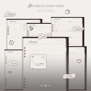 May include: A digital monthly planner set featuring various layout pages including January calendar, finance, goals, vision, and wellness sections. The pages have a clean, off-white background with dark text and icons, including a button labelled Go to Weekly and Daily Pages.