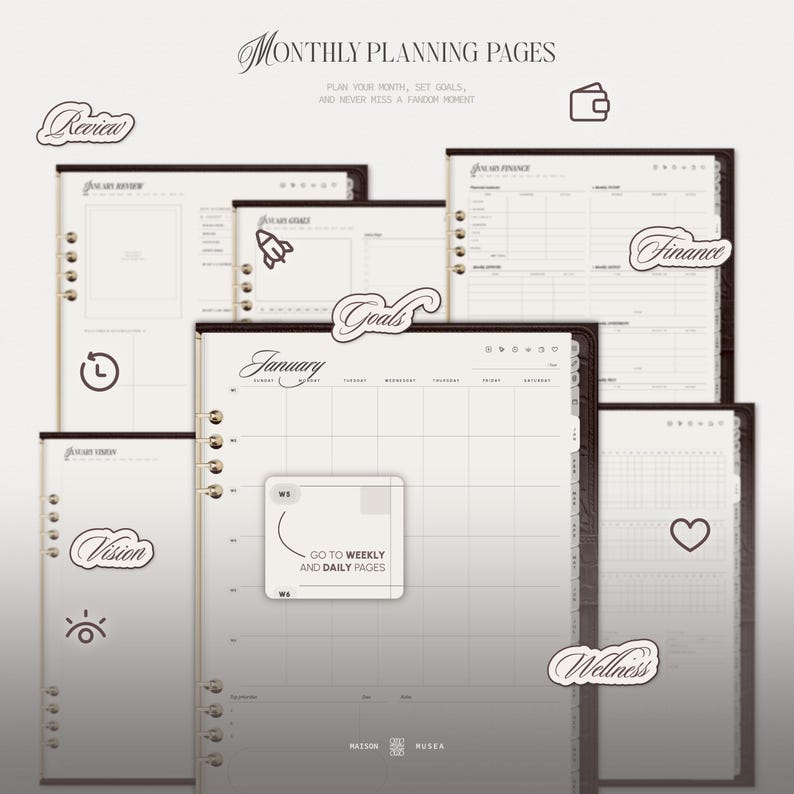 May include: A digital monthly planner set featuring various layout pages including January calendar, finance, goals, vision, and wellness sections. The pages have a clean, off-white background with dark text and icons, including a button labelled Go to Weekly and Daily Pages.