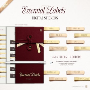 Peut inclure: Un ensemble d'autocollants numériques intitulé Essential Labels comprenant une enveloppe rouge foncé à fermeture par ficelle, des étiquettes métalliques dorées avec des textes comme April, Urgent, To-Do, Habits, Wishlist, Goal, Appointment, Mood.