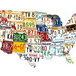 USA map wall art made from vintage license plates
