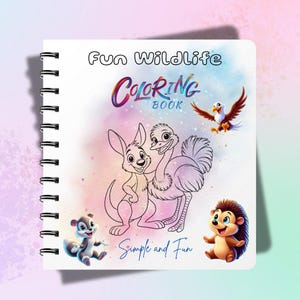 Può includere: Un libro da colorare rilegato a spirale con il titolo "Fun Wildlife Coloring Book". La copertina presenta illustrazioni di cartoni animati di un canguro, uno struzzo, un'aquila, uno scoiattolo e un riccio. È incluso anche il testo "Simple and Fun".