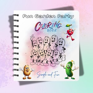 Può includere: Un libro da colorare rilegato a spirale intitolato "Fun Garden Party Coloring Book". La copertina presenta illustrazioni di cartoni animati di fagioli sorridenti, una ciliegia, una patata e un cetriolo. Le parole "Simple and Fun" sono scritte in corsivo.