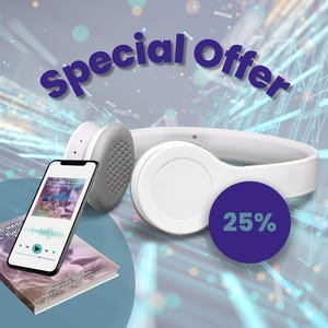 May include: White headphones with a blue circle that says "25%" on it. A smartphone with a book titled "El Lado Mágico Del Sueño" is in the foreground. The background is a blue and white abstract design.
