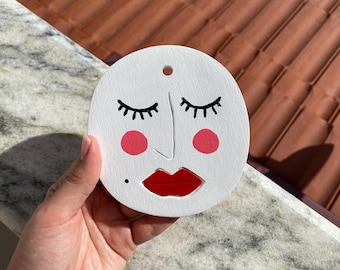 Handmade Ceramic Face Wall Art – Minimalist Woman Portrait with Red Lips & Blush Cheeks