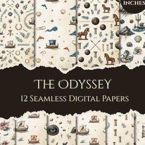 May include: A collection of seamless digital papers titled The Odyssey, featuring illustrations of ancient Greek ships, horses, columns, seashells, and mythological motifs on a cream background, with a visible 12 x 12 inches label.