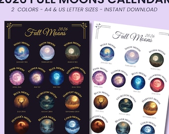 Calendario de Luna Llena 2026 A4 – Póster Lunar Místico, Decoración Espiritual, PDF Imprimible
