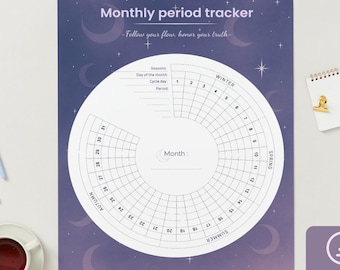 May include: A purple and white monthly period tracker with the text "Monthly period tracker" and "Follow your flow, honor your truth." The tracker is circular with seasonal sections. A small succulent, pens, and a cup of tea are also visible.