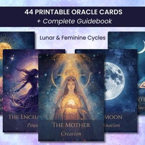 Puede incluir: Un conjunto de 44 cartas de oráculo imprimibles con una guía completa. Las cartas presentan ilustraciones de lunas, estrellas y figuras, con textos como "Ciclos lunares y femeninos", "La Madre" y "Luna". El tema general es celestial y femenino.