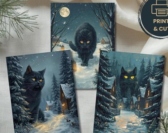 Yule Cat Christmas Cards Bundle - Set of 3 Printable Nordic Winter Art, Black Cat Folklore Holiday Cards