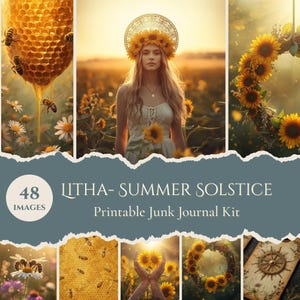 Puede incluir: Un collage digital con una mujer con una corona de girasoles, abejas, panales y girasoles. El texto dice "Litha - Summer Solstice" y "Printable Junk Journal Kit". La imagen tiene una paleta de colores cálidos y dorados.