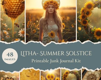 Summer Solstice Journal Kit Printable Digital Download Junk Ephemera Collection Bee Design Golden Honeycomb Elements Scrapbook Page Witch