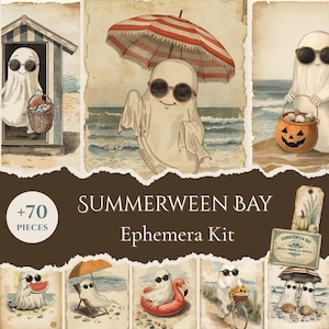 Digitalt collageark med vintageeffekter, utskrivbart sommarspöke, Halloween-strandskräpjournalkit, scrapbookingpapper, etiketter med distressade mönster