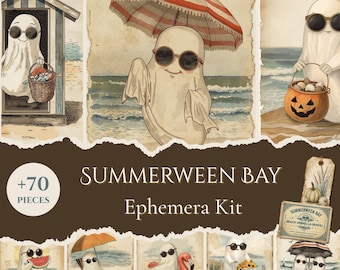 Vintage Ephemera Digital Collage Sheet Printable Summerween Ghost Halloween Beach Junk Journal Kit Scrapbook Paper Distressed Tags