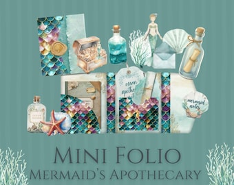 Mermaid Apothecary Mini Folio Kit Digital Download Printable Ephemera Ocean Theme Journal Supplies Craft Project Mini Book Teal Vintage Sea