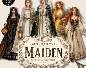 Paper Doll Printable Digital Download Pagan Witch Seasonal Craft Medieval Maiden Wheel Year Sabbat Gift Wiccan Activity Fantasy Art Dress Up