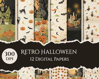 Halloween Digital Paper Vintage Scrapbook Background Printable Pattern Spooky Retro Craft Supplies Haunted House Design Jack Lantern Pumpkin