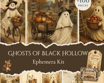 Vintage Halloween Ephemera Ghost Journal Card Printable Craft Kit Digital Download Scrapbook Paper Junk Tag Ticket Autumn Clipart Sepia