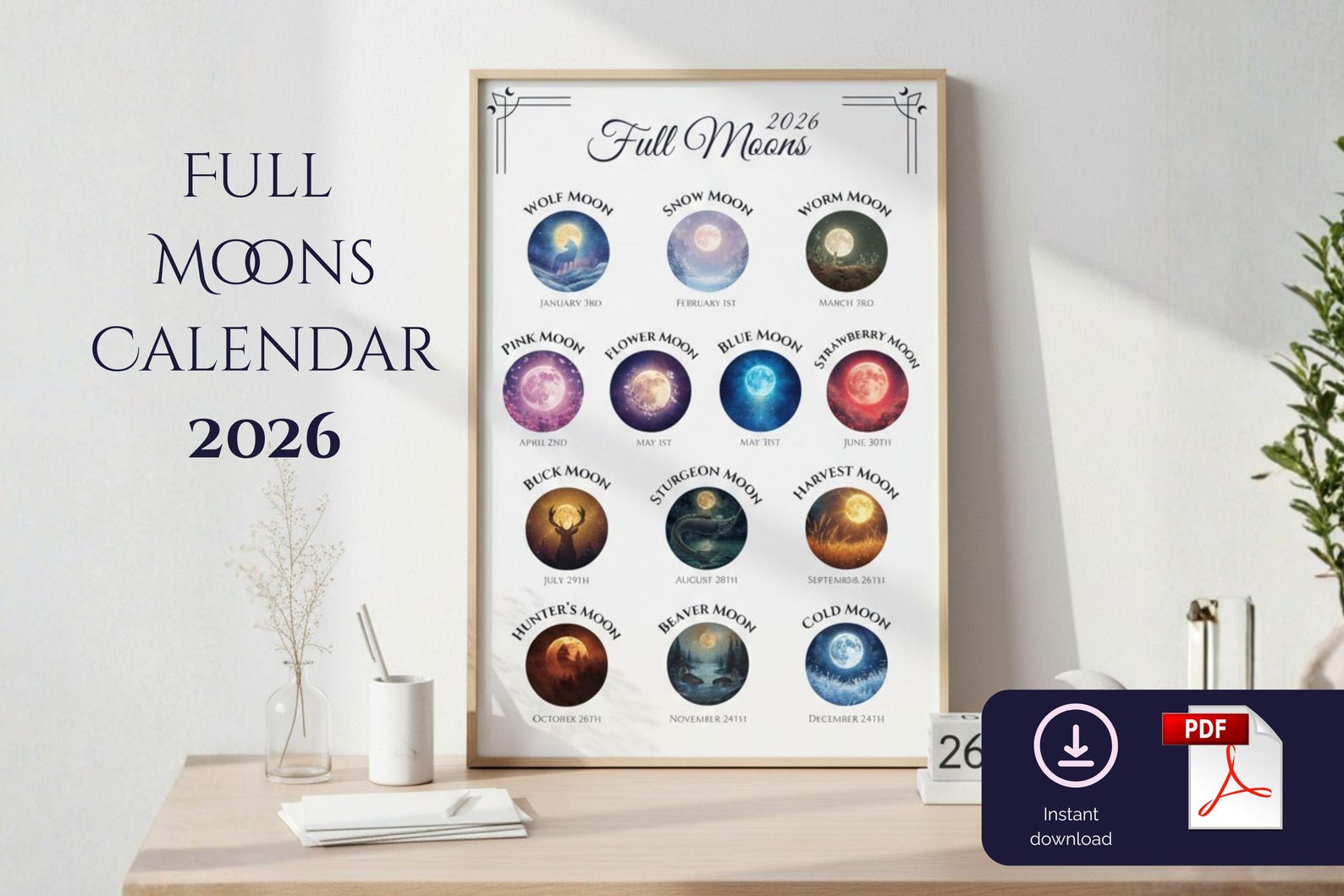 Printable 2026 Full Moons Calendar | Lunar Phases Wall Art - Etsy