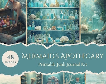 Mermaid Apothecary Junk Journal Kit Printable, 48 Pages Ocean Ephemera, Watercolor Mermaid, Sea Witch Journal, Coastal Summer Scrapbook Kit