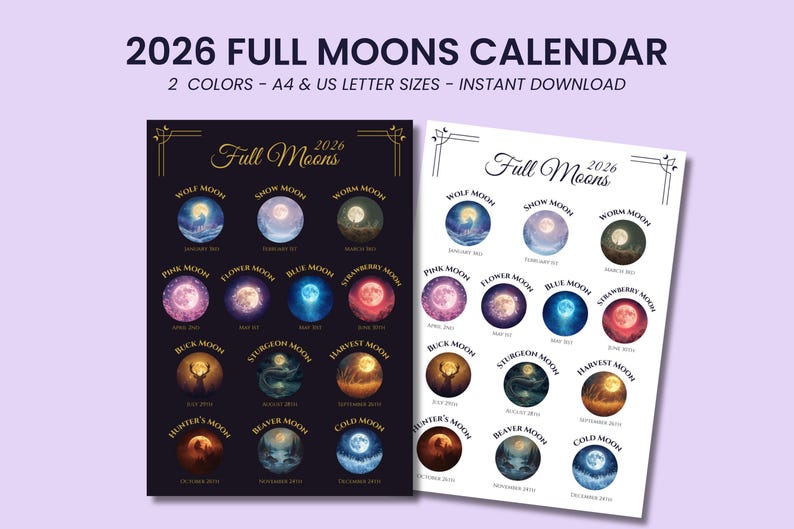 Printable 2026 Full Moons Calendar | Lunar Phases Wall Art - Etsy