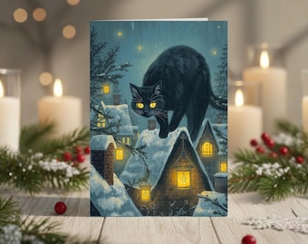 Printable Yule Cat Card Digital DownloadDesign Nordic Holiday Black Cat Christmas Greeting Scandinavian Winter Solstice