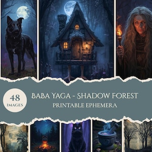Puede incluir: Arte digital con imágenes de fantasía. Las imágenes incluyen un lobo negro, una casa caprichosa sobre pilotes, una mujer sosteniendo una antorcha y otras escenas místicas. El texto dice "BABA YAGA - SHADOW FOREST PRINTABLE EPHEMERA" y "48 IMAGES."