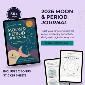 2026 Moon Calendar Printable PDF – Period Tracker Journal – Lunar Phase Planner – Menstrual Wellness Guide
