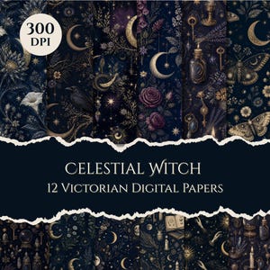 Könnte beinhalten: Eine Sammlung von 12 digitalen Papieren mit dem Titel CELESTIAL WITCH 12 VICTORIAN DIGITAL PAPERS und einem 300 DPI Etikett. Die Muster zeigen dunkelblaue Hintergründe mit goldenen Himmelsmotiven, Monden, Sternen, Rosen, Motten, Schlüsseln und Kerzen.