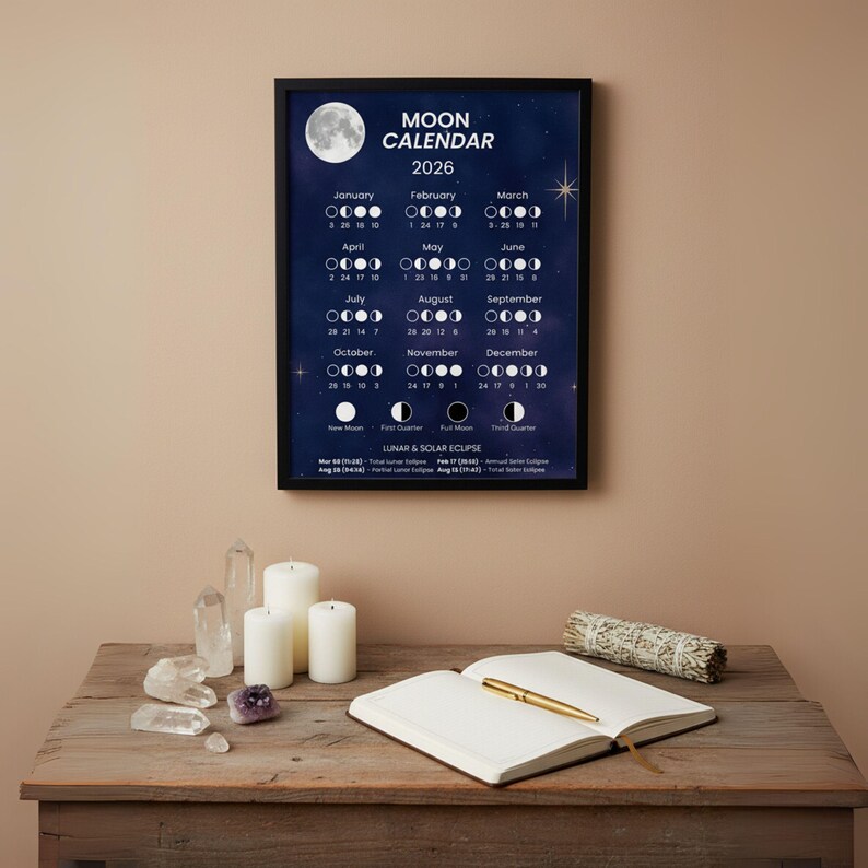 Moon Calendar 2026 Poster Lunar Phases Printable PDF - Etsy Australia
