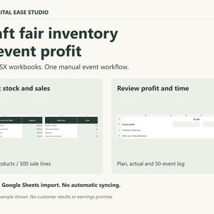 Craft Fair Inventory and Profit Bundle from The Digital Ease Studio. Two spreadsheet screenshots show stock and sales totals and event profit per hour. Two XLSX workbooks with manual handoff and desktop Google Sheets import. Fictional example.