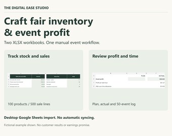 Może przedstawiać: Cyfrowy szablon arkusza kalkulacyjnego zatytułowany Craft fair inventory & event profit od The Digital Ease Studio. Zawiera dwa skoroszyty XLSX do śledzenia zapasów, sprzedaży i zysków z dziennikiem obejmującym 50 wydarzeń.