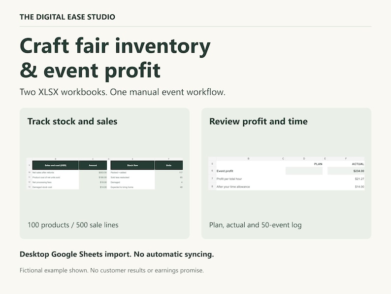Craft Fair Inventory and Profit Bundle from The Digital Ease Studio. Two spreadsheet screenshots show stock and sales totals and event profit per hour. Two XLSX workbooks with manual handoff and desktop Google Sheets import. Fictional example.