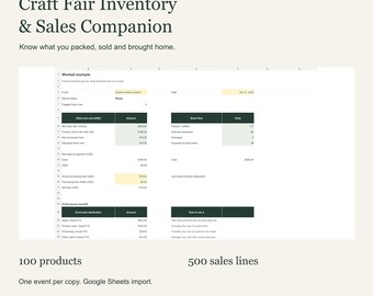 Może przedstawiać: Cyfrowy szablon arkusza kalkulacyjnego zatytułowany Craft Fair Inventory & Sales Companion od The Digital Ease Studio. Zawiera przykładowe tabele sprzedaży, kosztów i przepływu zapasów dla 100 produktów i 500 wierszy sprzedaży.