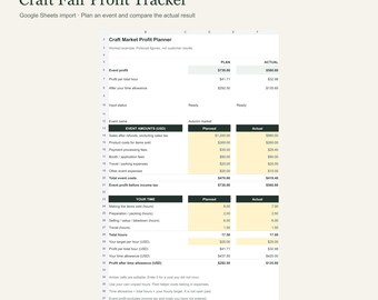 Może przedstawiać: Cyfrowy szablon arkusza kalkulacyjnego Craft Fair Profit Tracker z kolumnami na planowane i rzeczywiste kwoty, śledzenie czasu oraz obliczenia zysku. Dokument zawiera nagłówki takie jak Event Amounts, Your Time oraz Profit after time allowance.
