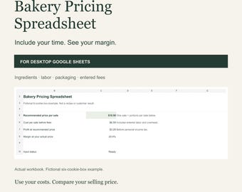 Może przedstawiać: Cyfrowy arkusz kalkulacyjny Bakery Pricing Spreadsheet do Google Sheets na komputer. Dokument zawiera sekcje dotyczące składników, robocizny, opakowania i opłat, prezentując przykładowe wyliczenie dla pudełka sześciu ciastek.