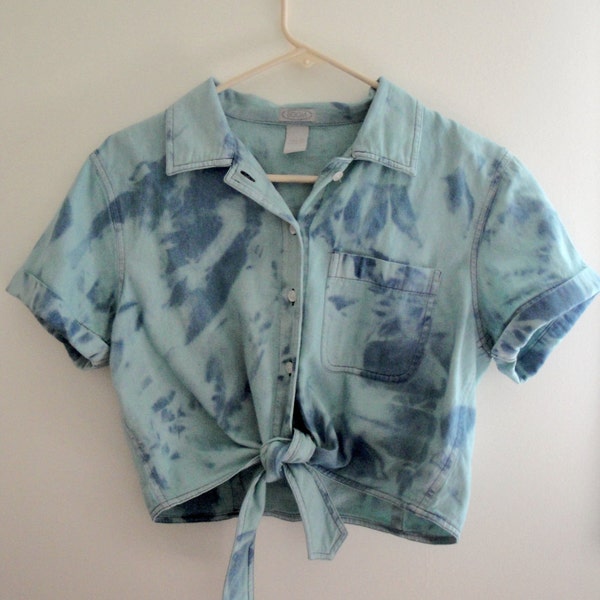 1980's Cropped Denim Tie Shirt/ Teal dyed