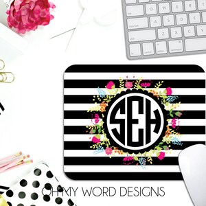 Monogram Mouse Pad-Monogram Mouse Pad-Personalized Mouse Pad-Desk Accessories-Flowers-Stripes-Desk-Monograms image 2