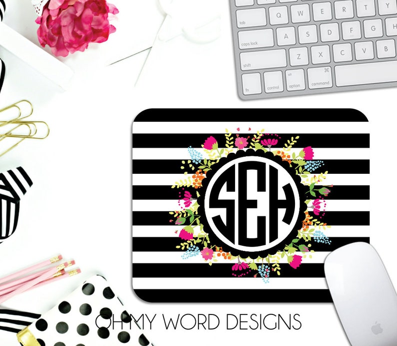 Monogram Mouse Pad-Monogram Mouse Pad-Personalized Mouse Pad-Desk Accessories-Flowers-Stripes-Desk-Monograms image 2