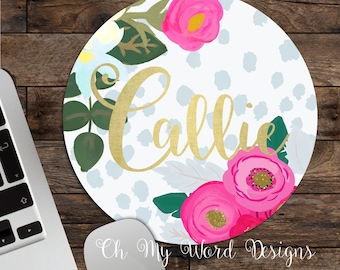 Personalized Mouse Pad-Monogram Mouse Pad-Desk Accessories-Watercolor Flowers-Round Mouse Pad-Leopard Print-Damask Pattern