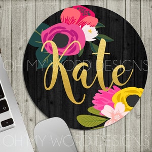 Personalized Mouse Pad-Monogram Mouse Pad-Desk Accessories-Watercolor Flowers-Round Mouse Pad-Desk Mat