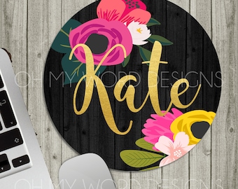Personalized Mouse Pad-Monogram Mouse Pad-Desk Accessories-Watercolor Flowers-Round Mouse Pad-Desk Mat
