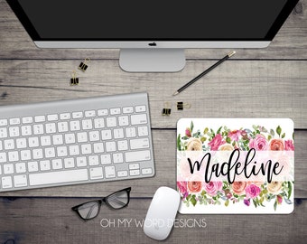 Personalized Mouse Pad-Watercolor Floral Shabby Chic Mouse Pad-Monogram Mouse Pad-Desk Accessories-Floral Mouse Pad-Gifts for Her