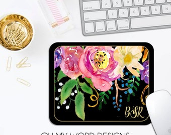 Monogram Mouse Pad-Desk Accessories-Watercolor Flowers-Monograms-Mouse Pad-Flowers-Desk-Personalized Mouse Pad-Office Decor