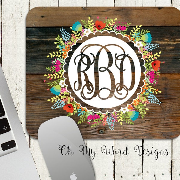 Distressed Wood Mouse Pad-Monogram Mouse Pad-Personalized Mouse Pad-Desk Accessories-Flower Wreath Mouse Pad