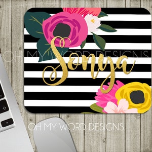 Personalized Mouse Pad-Monogram Mouse Pad-Desk Accessories-Watercolor Flowers-Round Mouse Pad-Desk Mat immagine 4