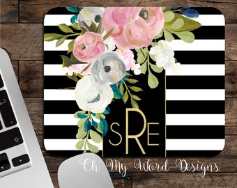 Monogram Mouse Pad-Stripe Monogrammed Mouse Pad-Monogram Mouse Pad-Personalized Mouse Pad-Desk Accessories-Water Color Flowers