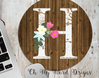 Personalized Mouse Pad-Monogram Mouse Pad-Desk Accessories-Watercolor Flowers-Round Mouse Pad-Initial Mouse Pad-Distressed Wood